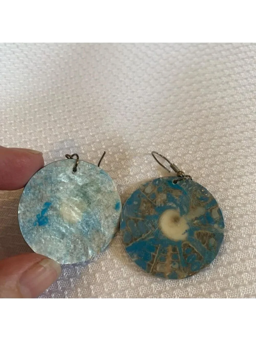 Glossy Shiva Eye Shell with Radial Blue and Brown Mosaic Design Dangle Earrings